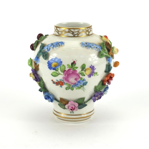 665 - Dresden vase with relief floral decoration, hand painted with two figures, factory marks to the base... 