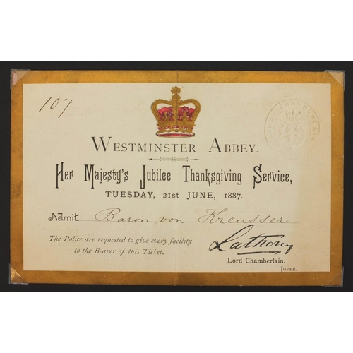 179 - Royal interest invitation to Baron Von Kreusser to attend Her Majesty's Jubilee Thanks Giving, beari... 