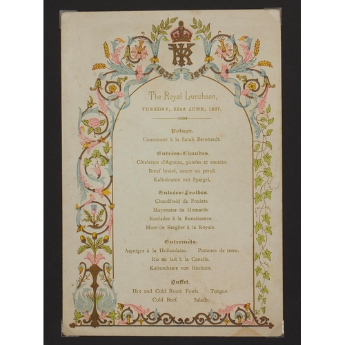 180 - Queen Victoria Diamond Jubilee Luncheon menu dated 22nd June 1897, mounted onto card, overall 30cm x... 