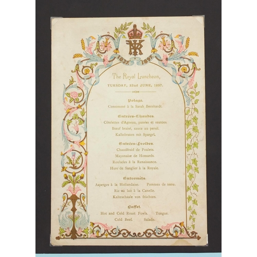 180 - Queen Victoria Diamond Jubilee Luncheon menu dated 22nd June 1897, mounted onto card, overall 30cm x... 