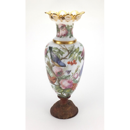 700 - Large Victorian opaline glass vase hand painted with birds and insects amongst flowers and fruits, 5... 