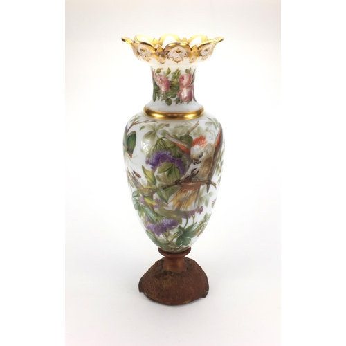 700 - Large Victorian opaline glass vase hand painted with birds and insects amongst flowers and fruits, 5... 