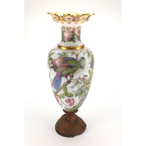 700 - Large Victorian opaline glass vase hand painted with birds and insects amongst flowers and fruits, 5... 