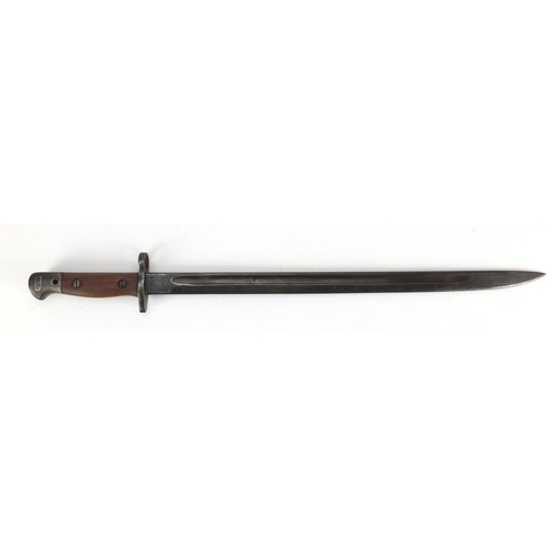 345 - British Military interest Wilkinson 1907 pattern bayonet with wooden grip, impressed marks to the bl... 