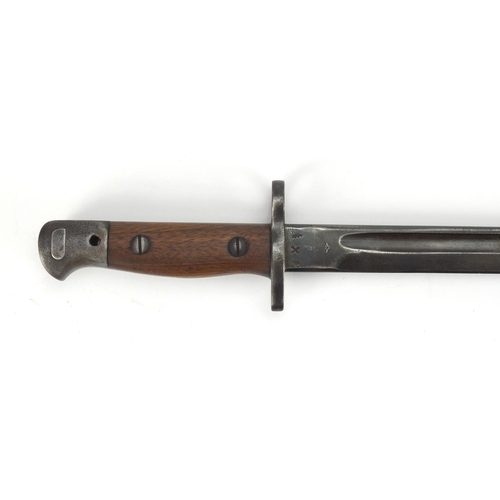 345 - British Military interest Wilkinson 1907 pattern bayonet with wooden grip, impressed marks to the bl... 