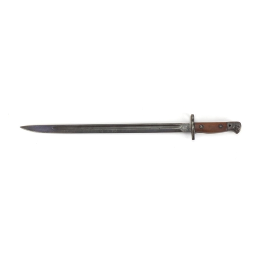 345 - British Military interest Wilkinson 1907 pattern bayonet with wooden grip, impressed marks to the bl... 