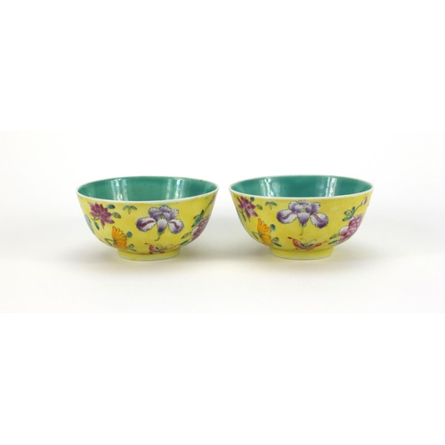 467 - Pair of Chinese porcelain bowls, both hand painted in the famille rose palette with butterflies amon... 