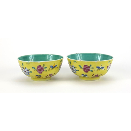 467 - Pair of Chinese porcelain bowls, both hand painted in the famille rose palette with butterflies amon... 