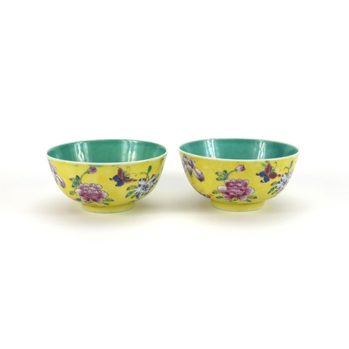 467 - Pair of Chinese porcelain bowls, both hand painted in the famille rose palette with butterflies amon... 