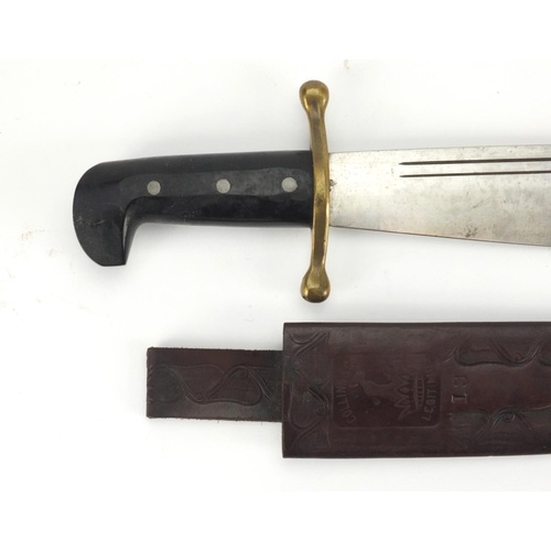 68 - American bowie knife with ebonised handle by Legitimus Collins & Co, with tooled leather sheath, the... 