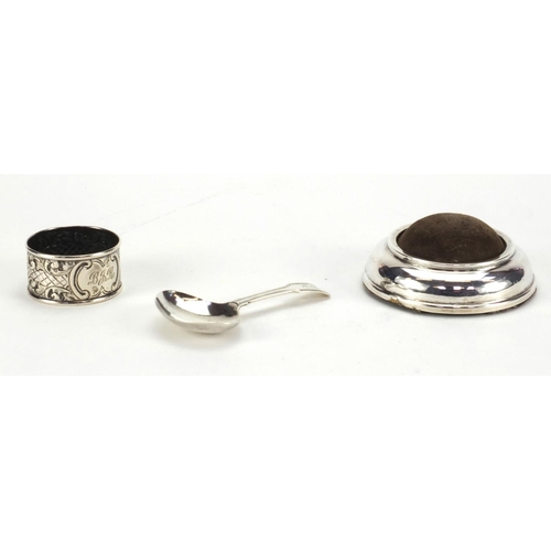 866 - Silver items comprising Georgian caddy spoon, circular pin cushion and circular napkin ring, various... 