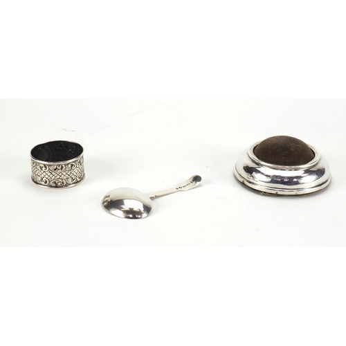 866 - Silver items comprising Georgian caddy spoon, circular pin cushion and circular napkin ring, various... 