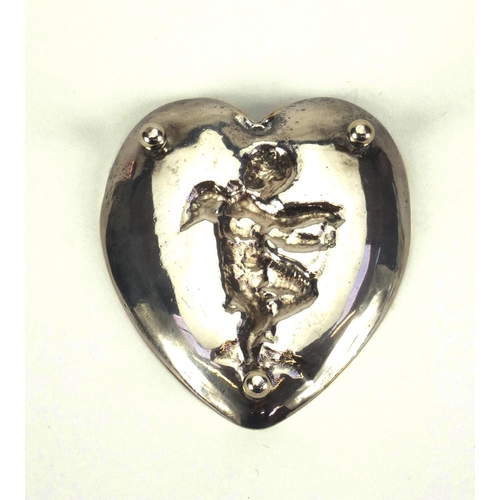 807 - Victorian silver love heart pin dish embossed with cupid, WEG London 1889, 10cm long, approximate we... 