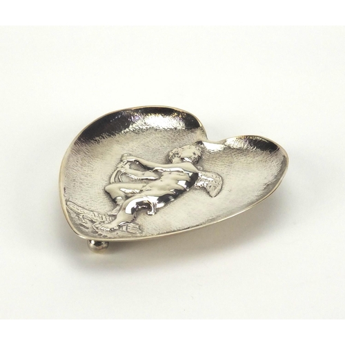 807 - Victorian silver love heart pin dish embossed with cupid, WEG London 1889, 10cm long, approximate we... 