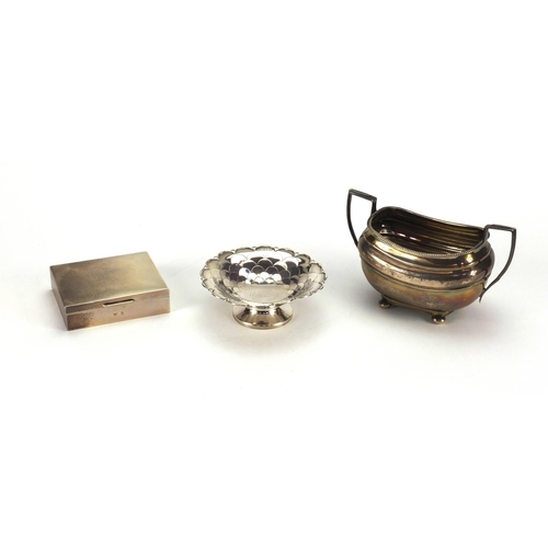 814 - Silver items comprising two handled sugar bowl, Mappin & Webb pedestal dish and a rectangular cigare... 