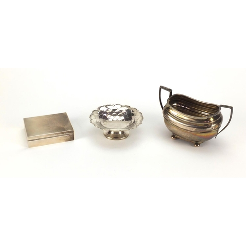 814 - Silver items comprising two handled sugar bowl, Mappin & Webb pedestal dish and a rectangular cigare... 