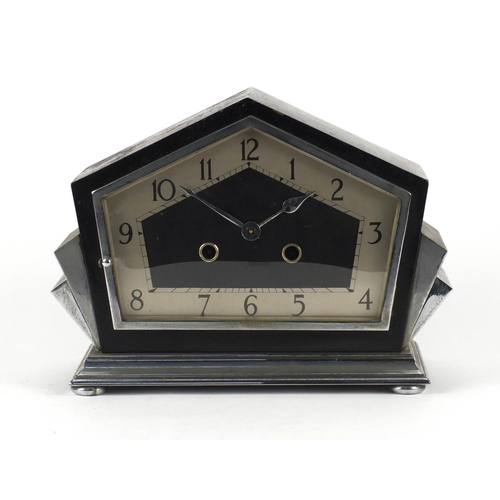 2296 - Art Deco mantle clock with silvered dial and Arabic numerals, 20cm high