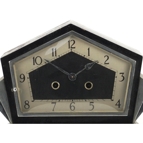 2296 - Art Deco mantle clock with silvered dial and Arabic numerals, 20cm high