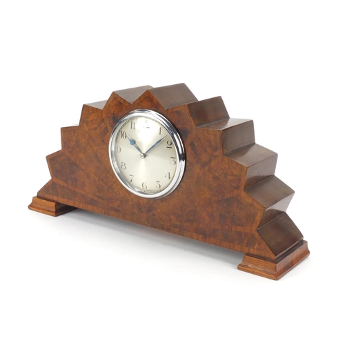 2292 - Art Deco sunburst design bur walnut mantle clock by Bravingtons with silvered dial and Arabic numera... 