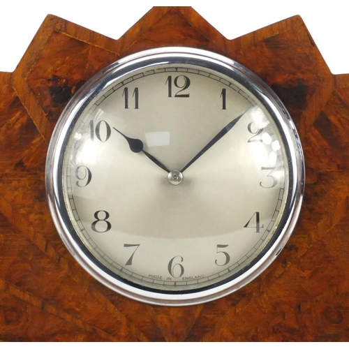 2292 - Art Deco sunburst design bur walnut mantle clock by Bravingtons with silvered dial and Arabic numera... 