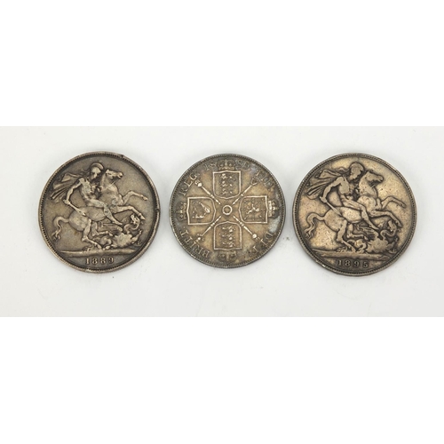 2598 - Three Victorian silver coins comprising two crowns 1895 and 1889, together with a 1889 double florin... 