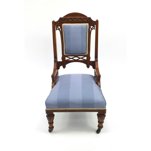 2057 - Edwardian carved walnut ladies salon chair with inlaid decoration, and blue striped upholstery 88cm ... 