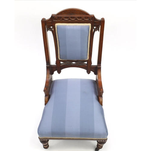 2057 - Edwardian carved walnut ladies salon chair with inlaid decoration, and blue striped upholstery 88cm ... 