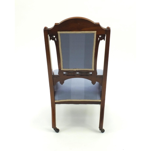 2057 - Edwardian carved walnut ladies salon chair with inlaid decoration, and blue striped upholstery 88cm ... 