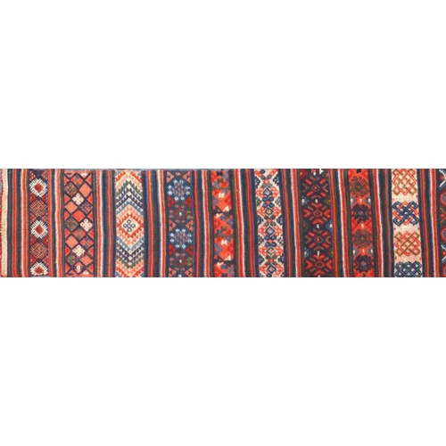 2080A - Rectangular Kilim wool carpet runner having an all over geometric design, 360cm x 46.5cm