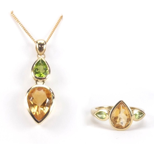 2604 - 9ct gold citrine and Peridot pendant on chain and matching ring, size N, approximate weight 7.4g