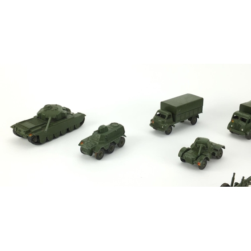 402 - Dinky toys army vehicles including army wagon 623, centurion tank 651 and three tonne army wagon 621... 