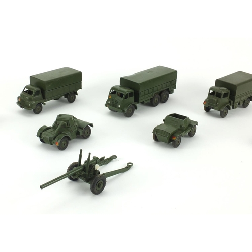 402 - Dinky toys army vehicles including army wagon 623, centurion tank 651 and three tonne army wagon 621... 