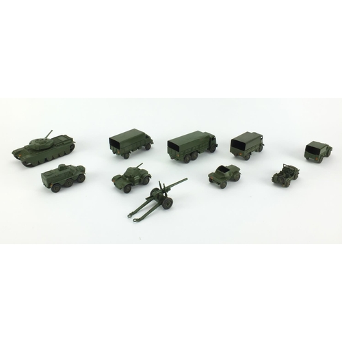 402 - Dinky toys army vehicles including army wagon 623, centurion tank 651 and three tonne army wagon 621... 