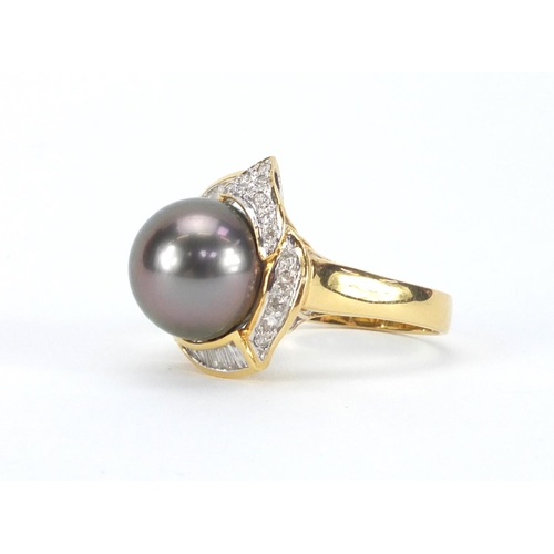 919 - 18ct gold black Tahiti pearl and diamond ring with certificate, size O, approximate weight 8.0g