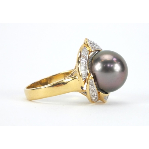 919 - 18ct gold black Tahiti pearl and diamond ring with certificate, size O, approximate weight 8.0g