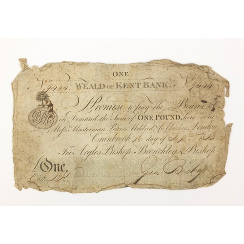 219 - Early 19th century Weald of Kent one pound white banknote, cashier GO Bishop dated 1813