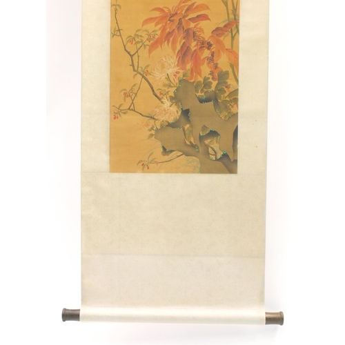 581 - Chinese watercolour paper scroll, attributed to Queen Ci Xi, flowers, red seal mark and character ma... 