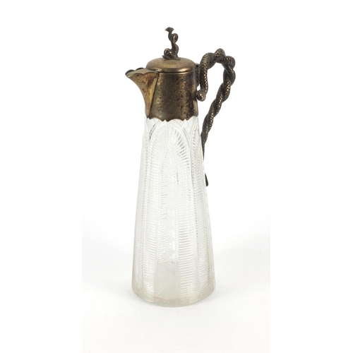 894 - Victorian cut and etched glass claret jug with silver plated lid and serpent handle, 31cm high
