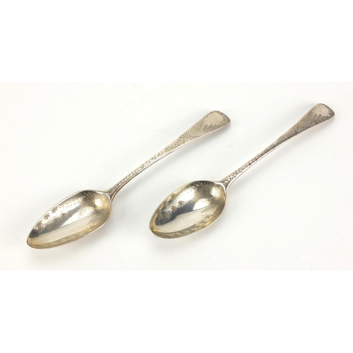 881 - Two Georgian silver spoons with engraved floral decoration, London hallmarked, 21.5cm long, approxim... 