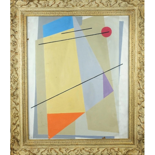 1242 - Watercolour and gouache onto board, abstract composition geometric shapes, label verso, ornately fra... 