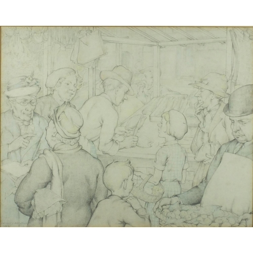 1243 - Patience Arnold 1935 - Pencil sketch, figures surrounding butcher, mounted and gilt framed, 43cm x 3... 