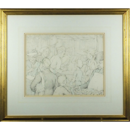 1243 - Patience Arnold 1935 - Pencil sketch, figures surrounding butcher, mounted and gilt framed, 43cm x 3... 