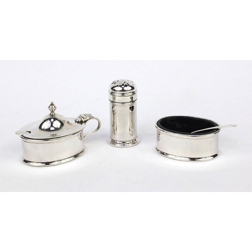 838 - W. Bruford & Sons silver three piece cruet set with blue glass liners with fitted case, WB&S Birming... 