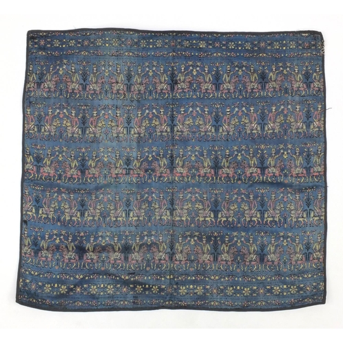 648 - Rectangular Persian silk embroidered textile, decorated with figures on horsebacks, 73cm x 68cm