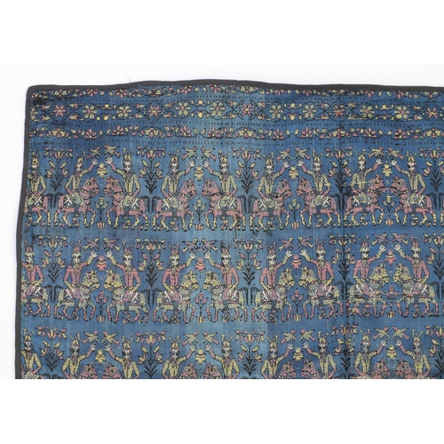 648 - Rectangular Persian silk embroidered textile, decorated with figures on horsebacks, 73cm x 68cm