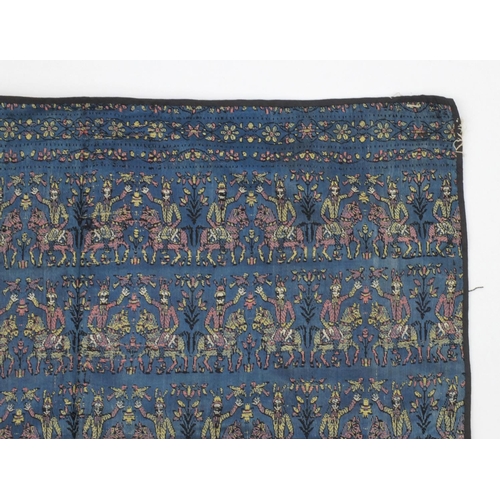 648 - Rectangular Persian silk embroidered textile, decorated with figures on horsebacks, 73cm x 68cm