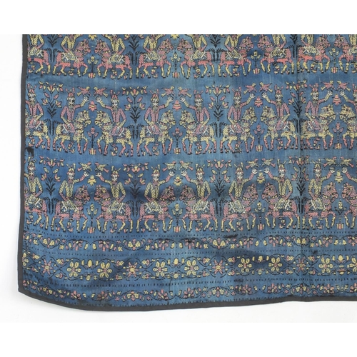 648 - Rectangular Persian silk embroidered textile, decorated with figures on horsebacks, 73cm x 68cm