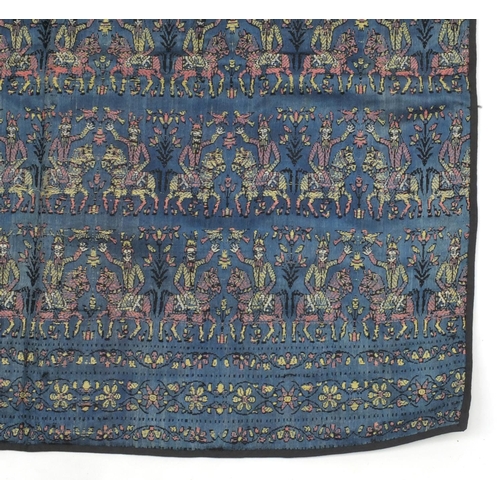 648 - Rectangular Persian silk embroidered textile, decorated with figures on horsebacks, 73cm x 68cm