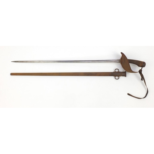 342 - Military interest Calvary sword with scabbard and wooden grip, indistinct impressed mark to the insi... 