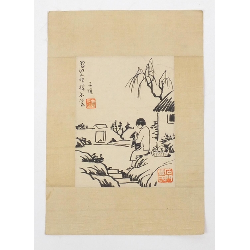 590 - Chinese ink onto paper, attributed to Zikai Feng, figure washing, 21.5cm x 16cm  excluding the mount